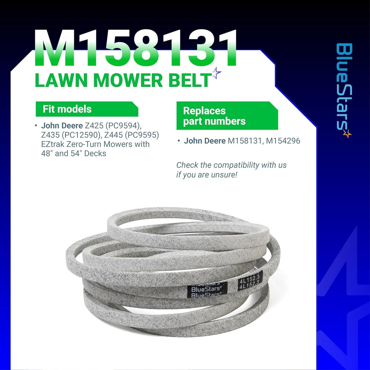 M158131 mower deck belt for John Deere Z425, Z435, and Z445 zero-turn mowers with 48-inch and 54-inch decks.