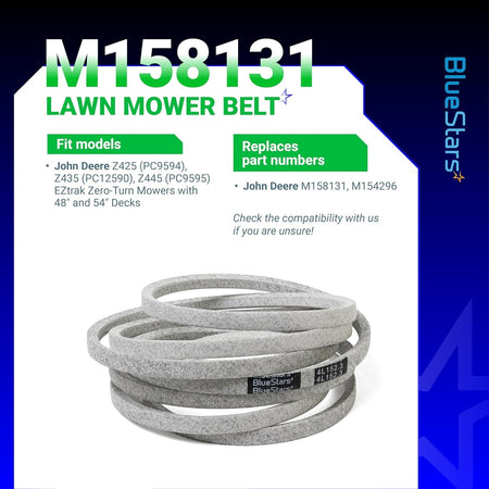 M158131 mower deck belt for John Deere Z425, Z435, and Z445 zero-turn mowers with 48-inch and 54-inch decks.