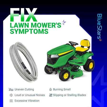 Replacement mower deck belt for John Deere Z425 Z435 Z445 EZtrak mowers shown with common repair symptoms.