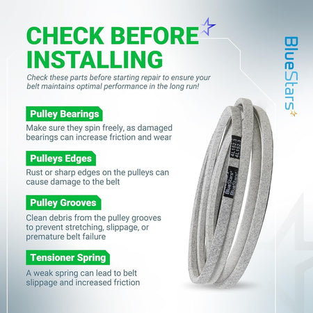 Informational graphic showing mower deck belt installation tips for John Deere Z425 Z435 Z445 EZtrak mowers.