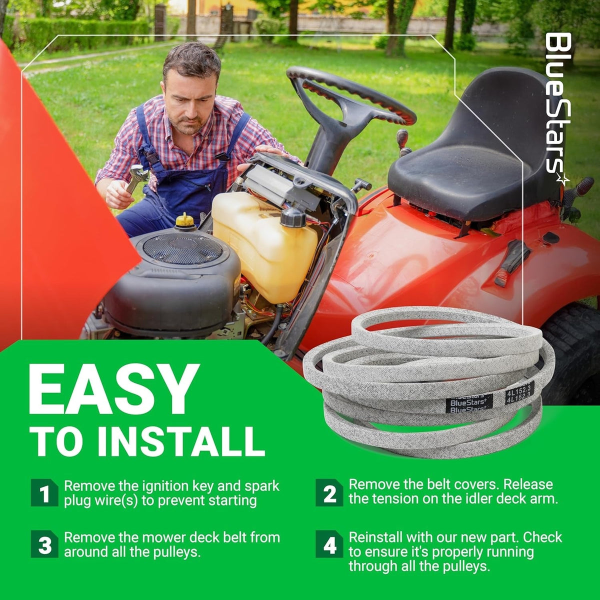 Mower deck belt installation guide for John Deere Z425, Z435, and Z445 EZtrak zero-turn mowers.