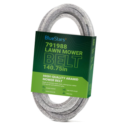 791988 replacement deck belt for Hustler Raptor 52-inch mowers in branded BlueStars retail packaging.
