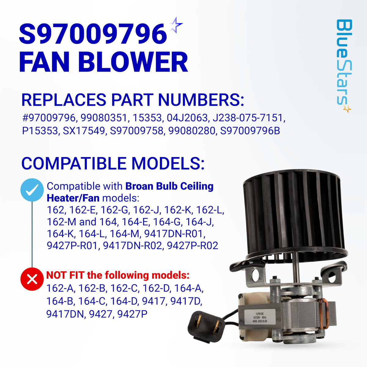 S97009796 heater fan blower replacement part with motor and black impeller wheel on an informational product graphic.