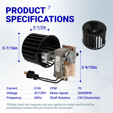 Heater fan blower motor with dimensions and technical specifications diagram.