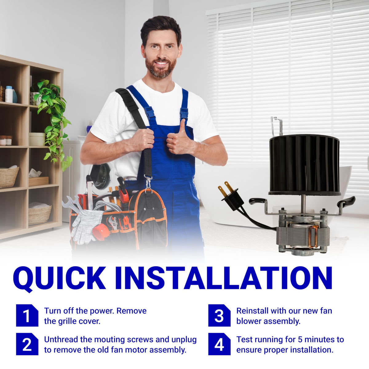 Heater fan blower replacement part with installation instructions and technician graphic.