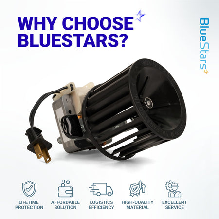 Replacement heater fan blower motor with black plastic wheel and power cord for HVAC systems.