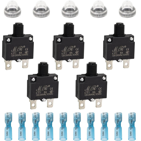 Five 5A thermal circuit breakers with protective caps and ten blue wire terminals.