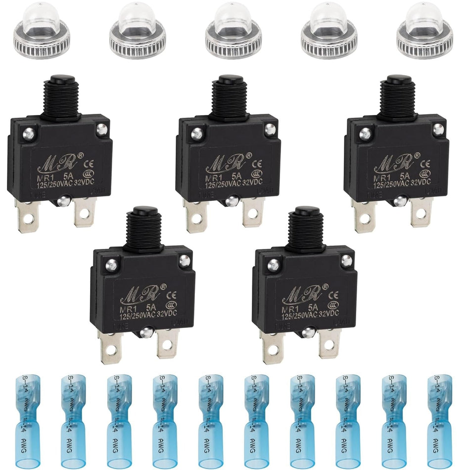 Five 5A thermal circuit breakers with protective caps and ten blue wire terminals.