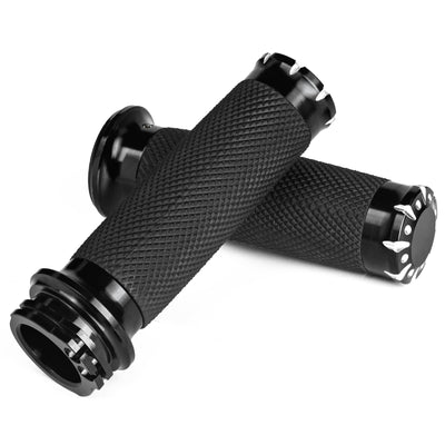 Pair of 1-inch black non-slip motorcycle handlebar grips with diamond knurled texture for Harley-Davidson.