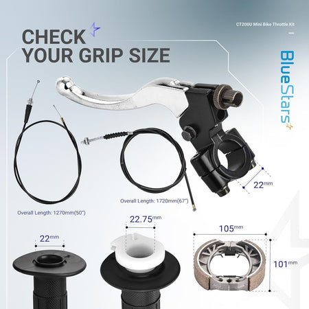CT200U mini bike throttle kit components with brake lever, cables, grips, and brake shoes showing size specifications.