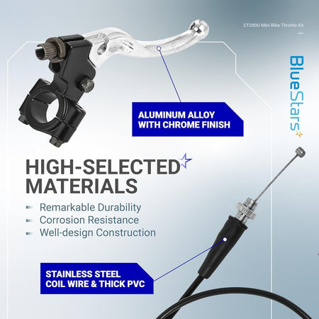 Chrome aluminum alloy brake lever and stainless steel throttle cable for CT200U mini bike.