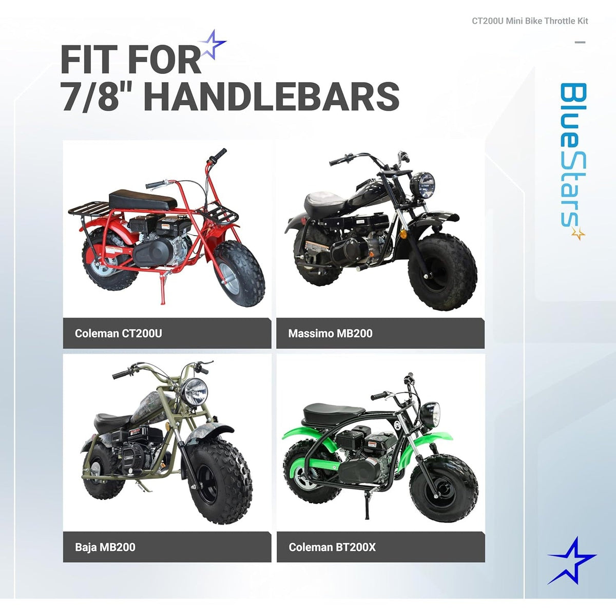 Compatibility chart for CT200U mini bike throttle kit showing fitment for 7/8 inch handlebars on various mini bikes.