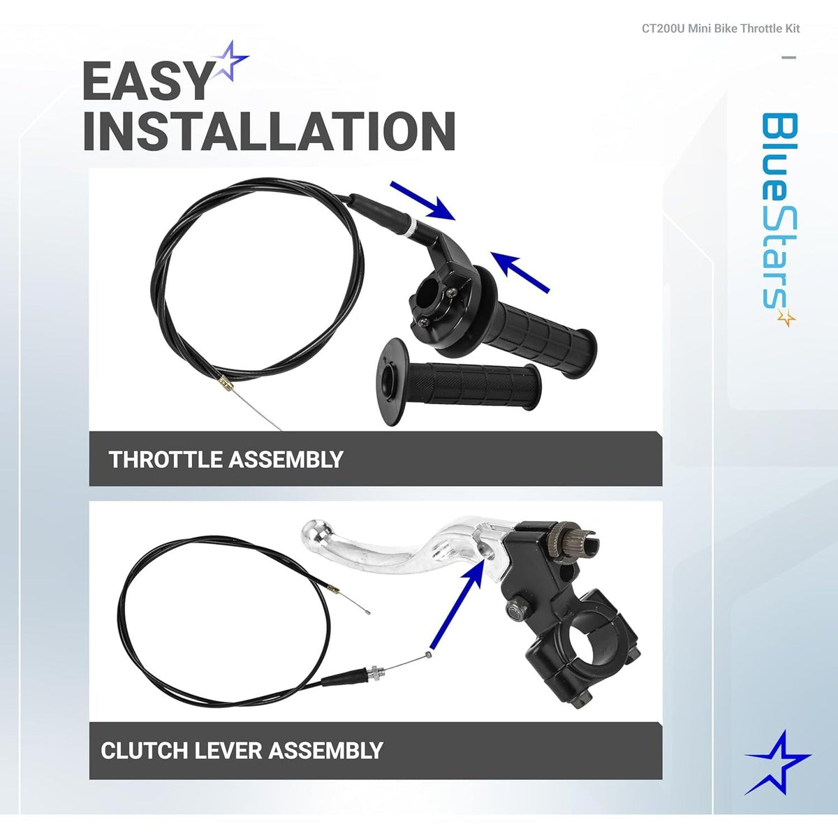 CT200U mini bike throttle and clutch lever assembly installation guide with cables and grips.