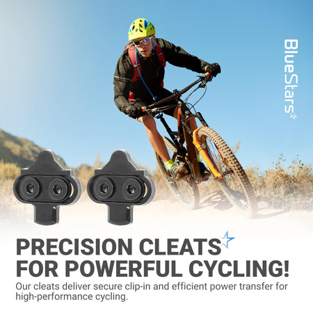 Two bike cleats compatible with Shimano SPD and Look X-Track pedals shown against a mountain biking background.