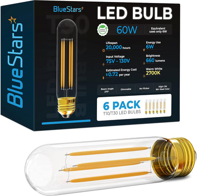 Close-up of a single T10 tubular LED light bulb with an E26 medium base in front of its 6-pack product packaging.