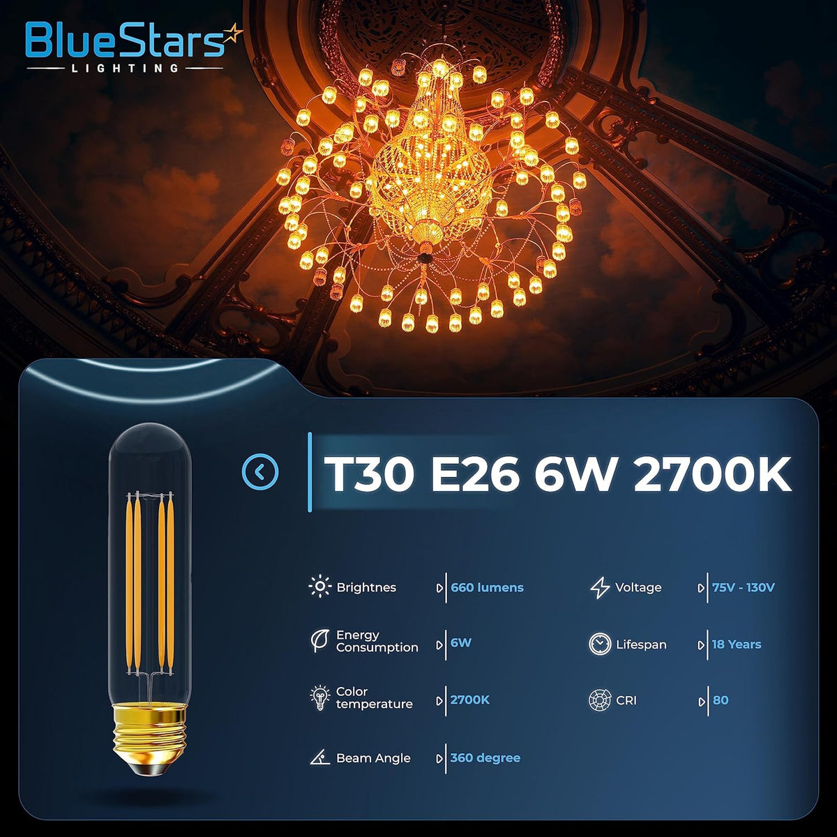 T30 E26 tubular LED light bulb with technical specifications and chandelier background.