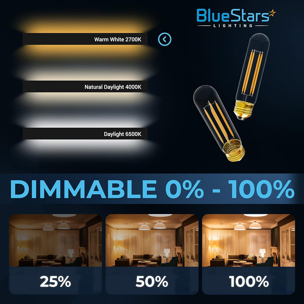 Two T10 tubular LED light bulbs with E26 medium base showing dimmable light levels from 25% to 100% brightness.