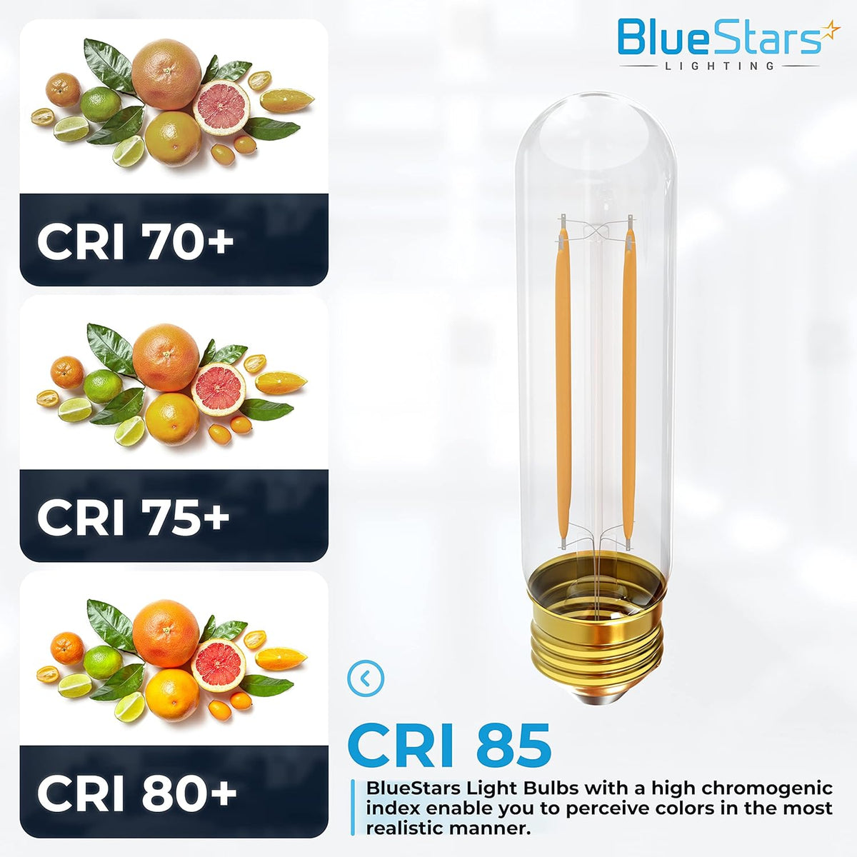 T10 tubular LED light bulb with E26 medium base showing CRI 85 color rendering comparison chart.