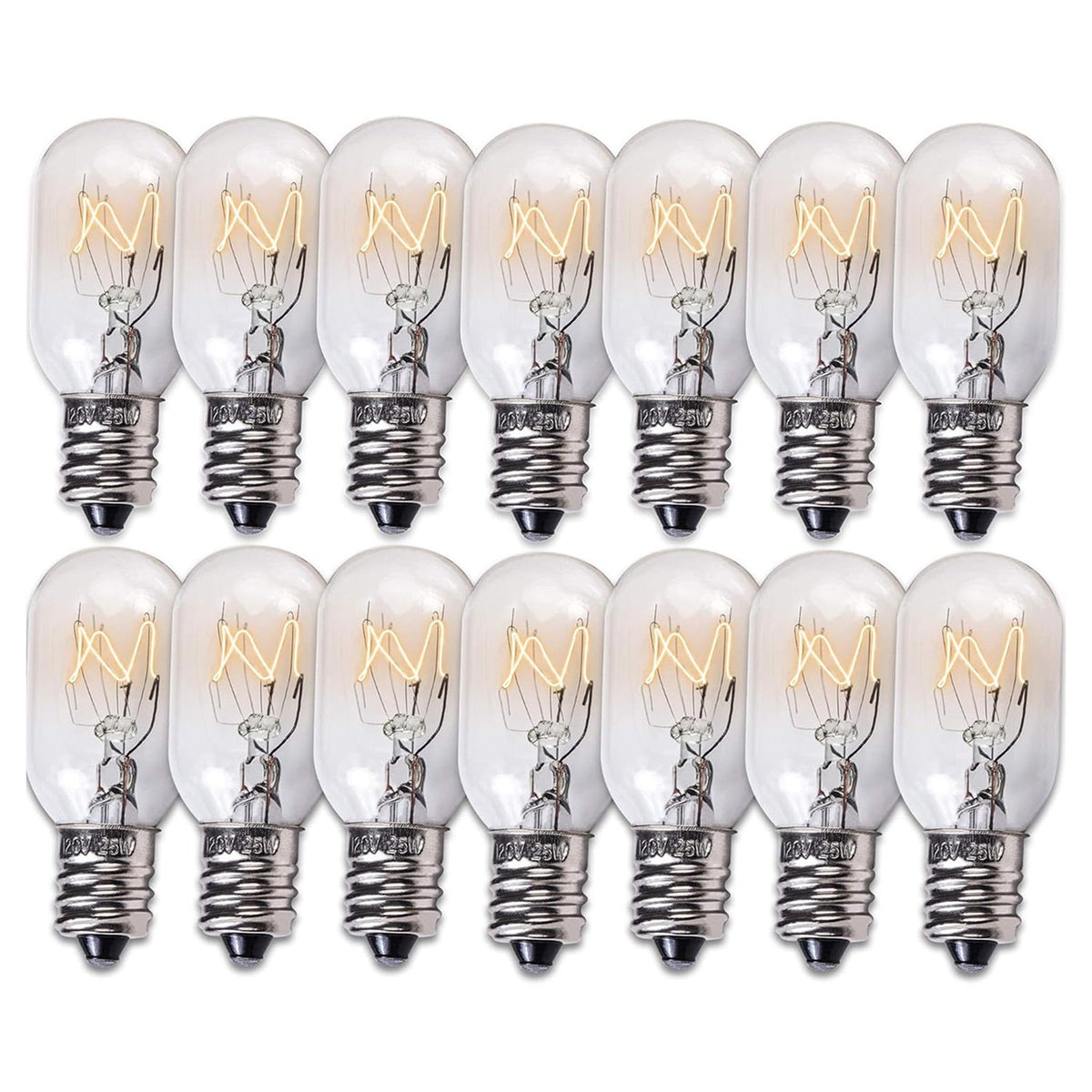 Pack of 14 E12 T20 25W incandescent salt lamp bulbs arranged in two rows.