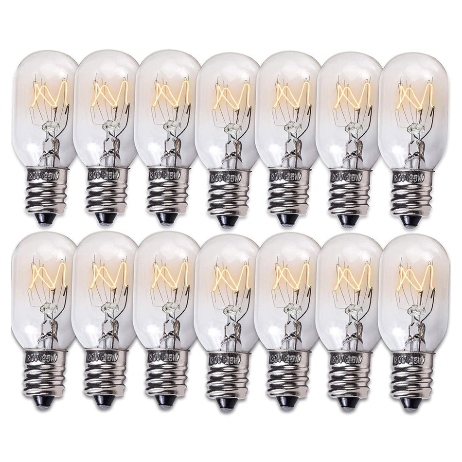 Pack of 14 E12 T20 25W incandescent salt lamp bulbs arranged in two rows.