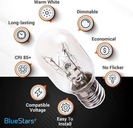 E12 T20 25W incandescent salt lamp bulb with infographic icons highlighting features like dimmable and warm white light.