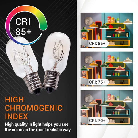 Two E12 T20 25W incandescent salt lamp bulbs with 85+ CRI color rendering comparison chart.
