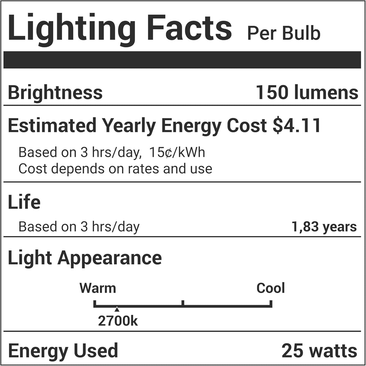 Lighting Facts label for E12 T20 25W incandescent salt lamp bulb showing energy and brightness specifications.