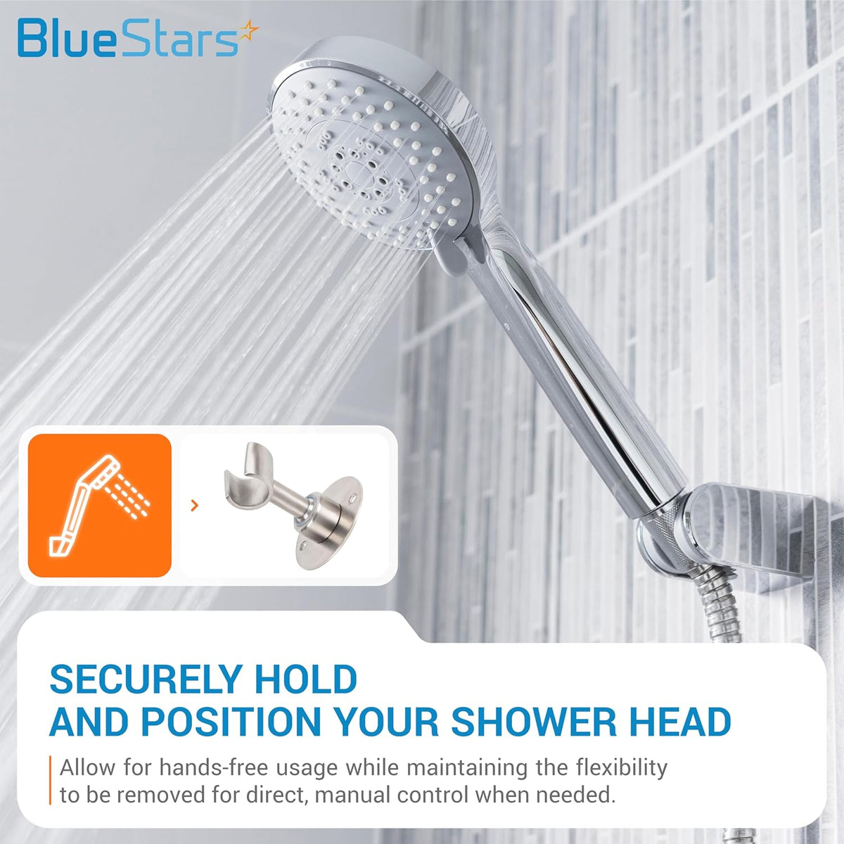 Adjustable handheld shower head holder bracket mounted on a tiled wall with a shower head in use.