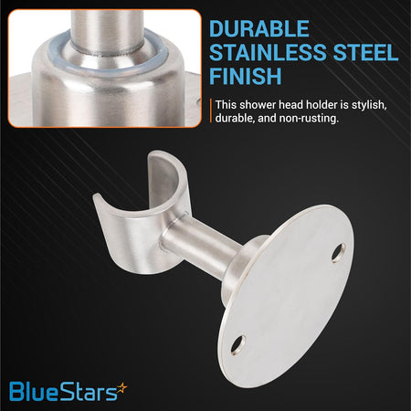Stainless steel handheld shower head holder bracket with wall-mount base and close-up detail of durable finish.