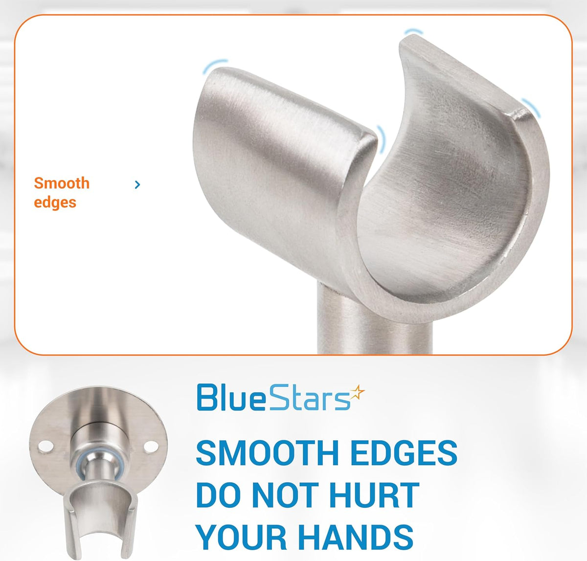 Close-up of the smooth, brushed metal cradle of an adjustable handheld shower head holder bracket.