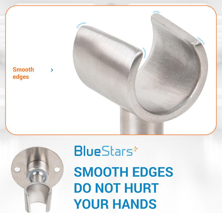 Close-up of the smooth, brushed metal cradle of an adjustable handheld shower head holder bracket.