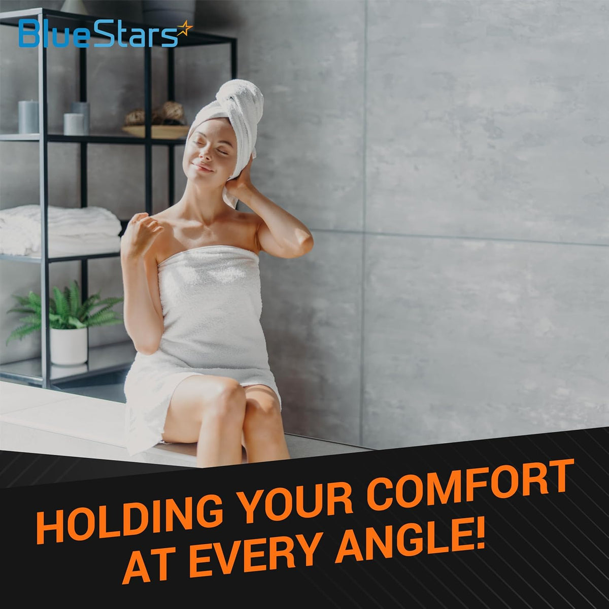 Woman in a towel relaxing in a bathroom, representing the comfort of an adjustable 360-degree shower head holder.