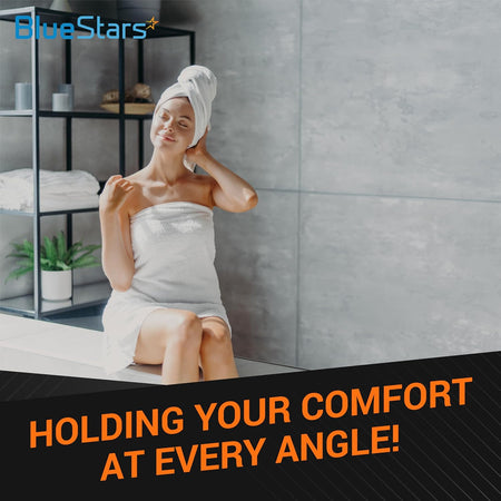 Woman in a towel relaxing in a bathroom, representing the comfort of an adjustable 360-degree shower head holder.
