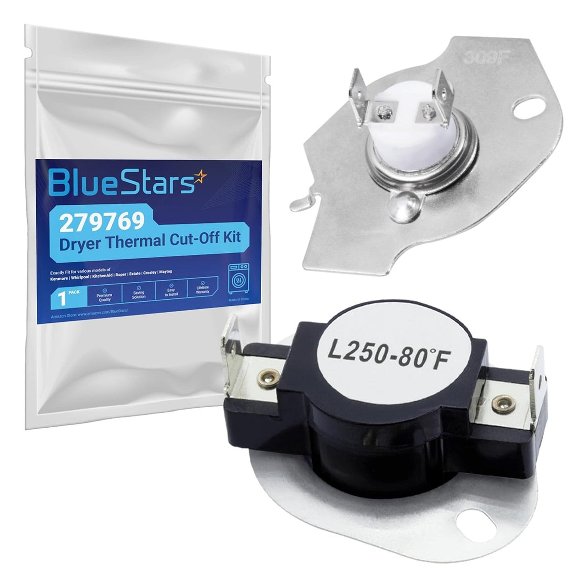 279769 dryer thermal cut-off kit with two thermostat components and branded packaging for Whirlpool and Kenmore dryers.