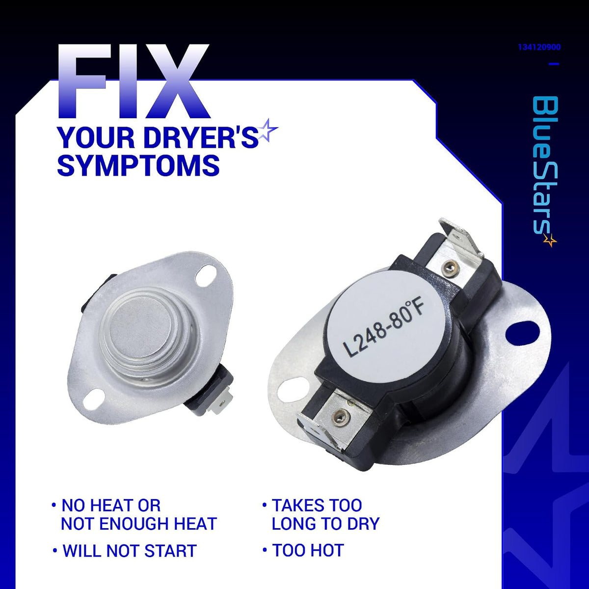 279769 Dryer Thermal Cut-Off Kit, two cutoff components shown with dryer symptom list