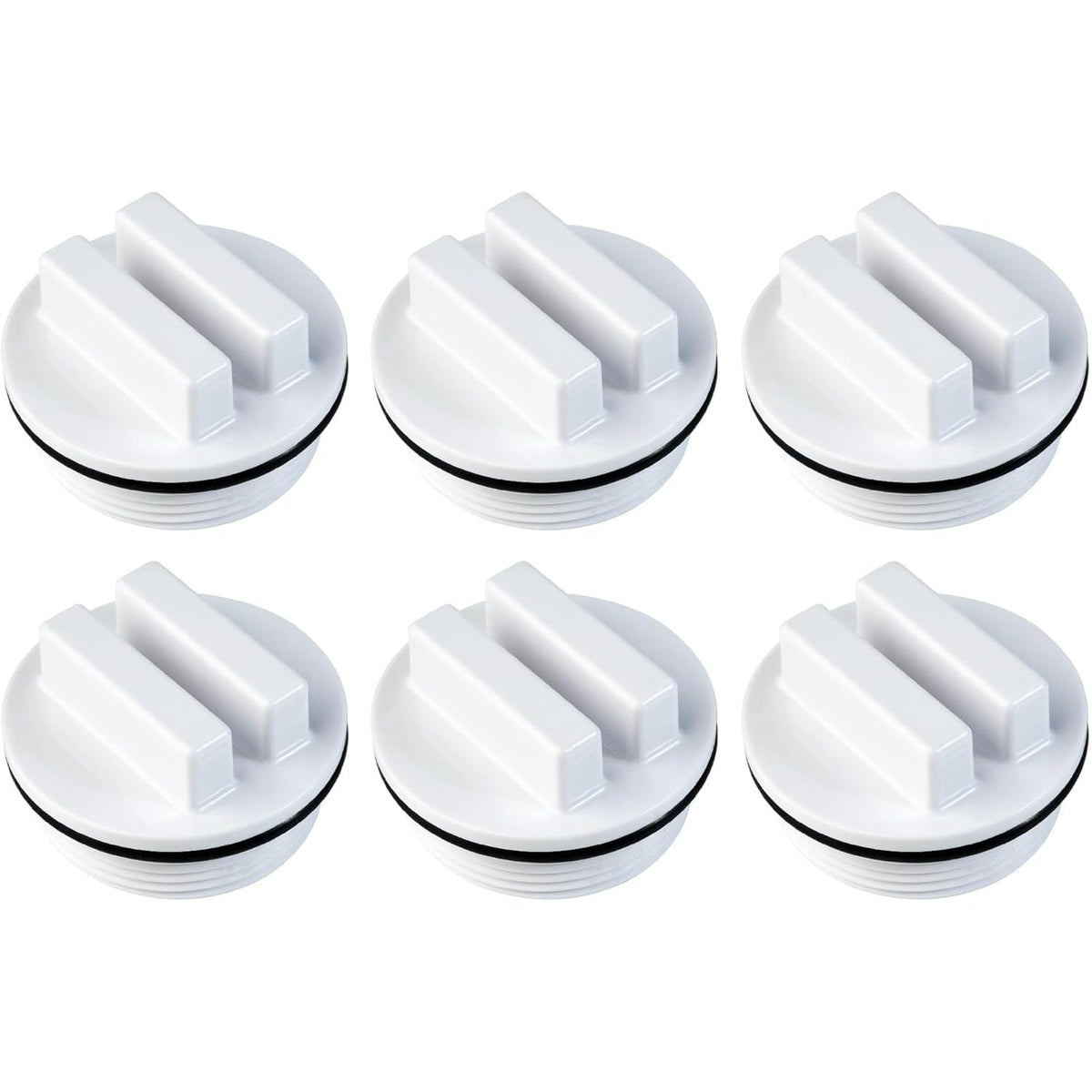 Pack of six 1.5-inch white threaded pool drain plugs with O-rings for winterizing pool filters.