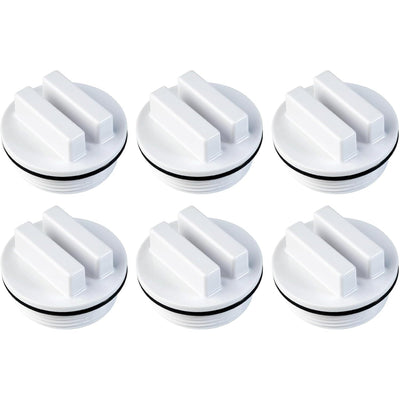 Pack of six 1.5-inch white threaded pool drain plugs with O-rings for winterizing pool filters.