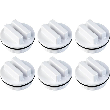 Pack of six 1.5-inch white threaded pool drain plugs with O-rings for winterizing pool filters.