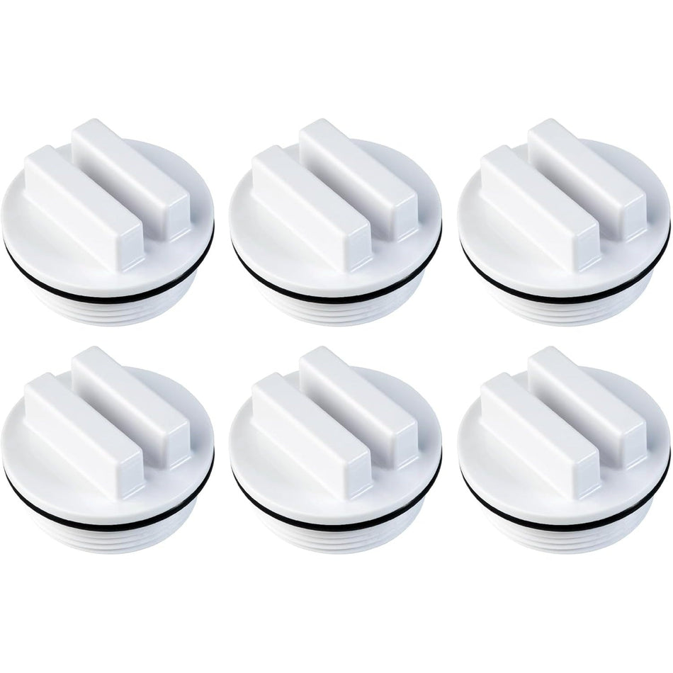 Pack of six 1.5-inch white threaded pool drain plugs with O-rings for winterizing pool filters.