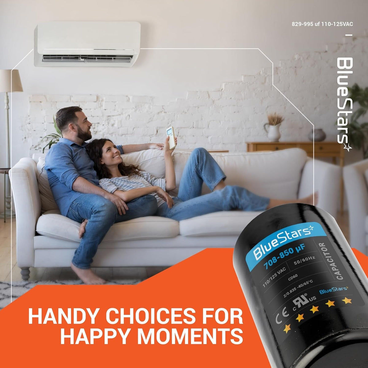BlueStars round motor start capacitor with 110-125 VAC rating shown in a lifestyle advertisement graphic.
