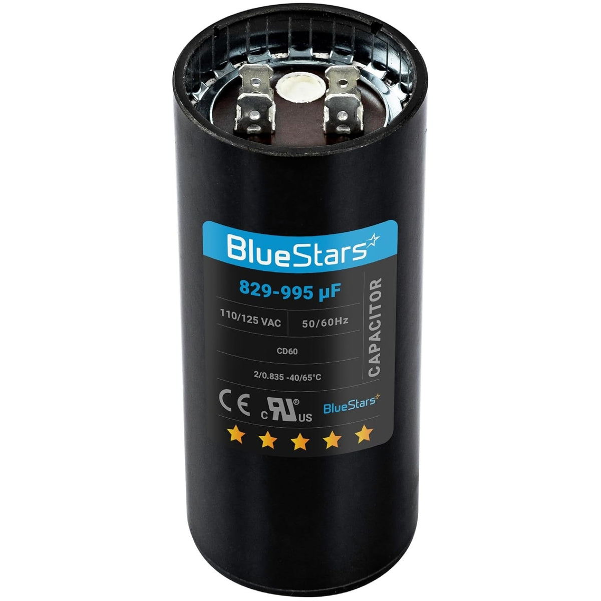 829-995 uF 110-125 VAC round motor start capacitor with dual terminal connectors.