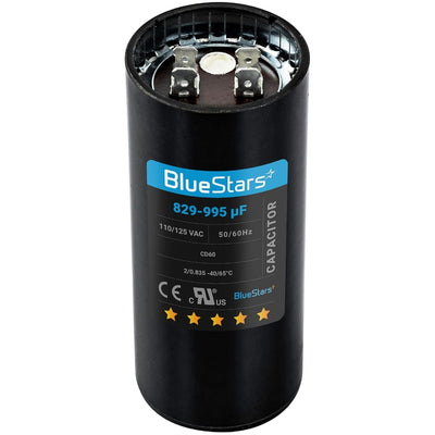 829-995 uF 110-125 VAC round motor start capacitor with dual terminal connectors.