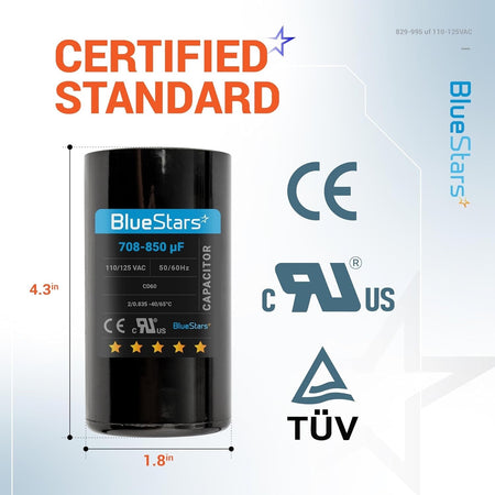 BlueStars round motor start capacitor with 4.3-inch height and 1.8-inch diameter dimensions.