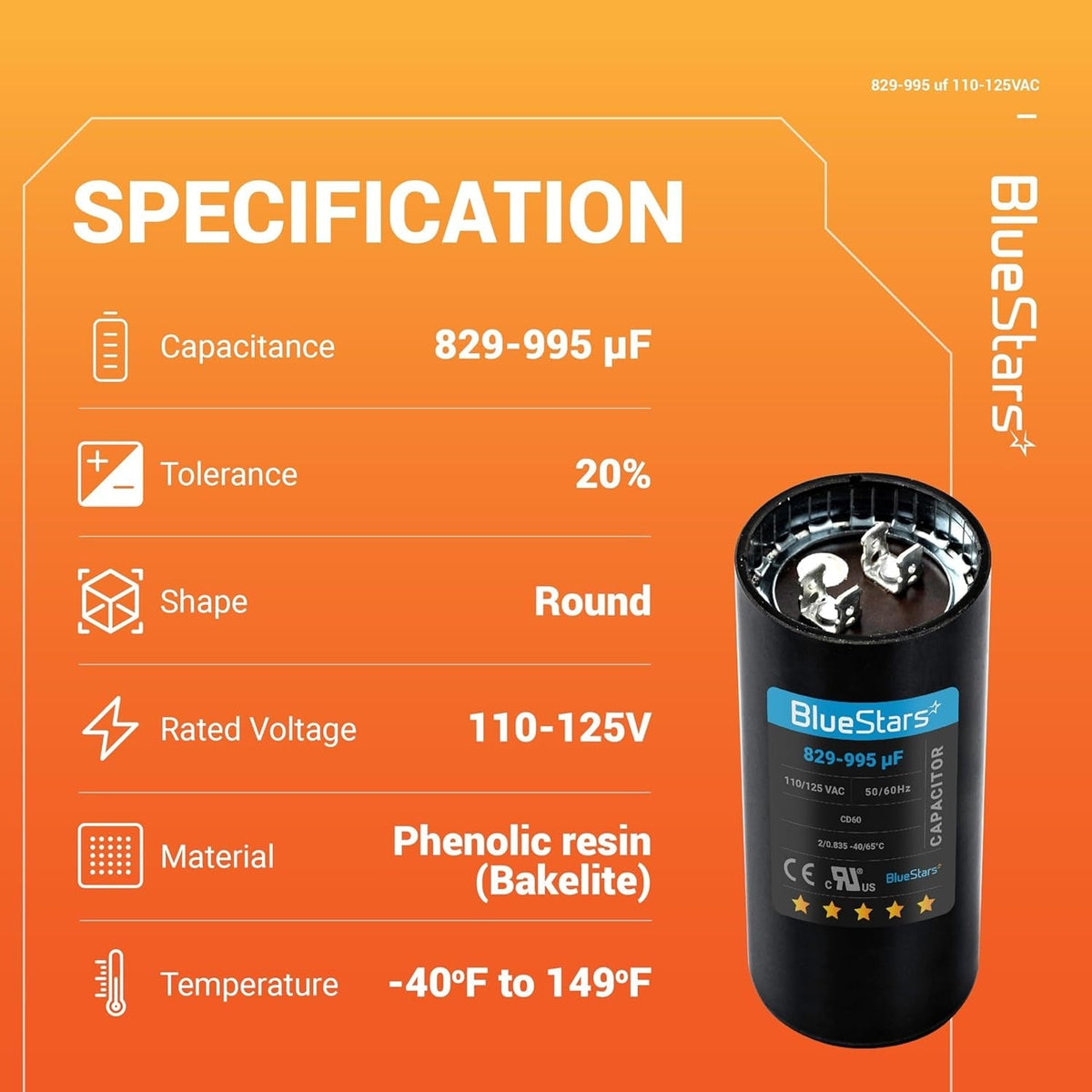Specification chart for 829-995 uF 110-125 VAC round motor start capacitor with technical details.