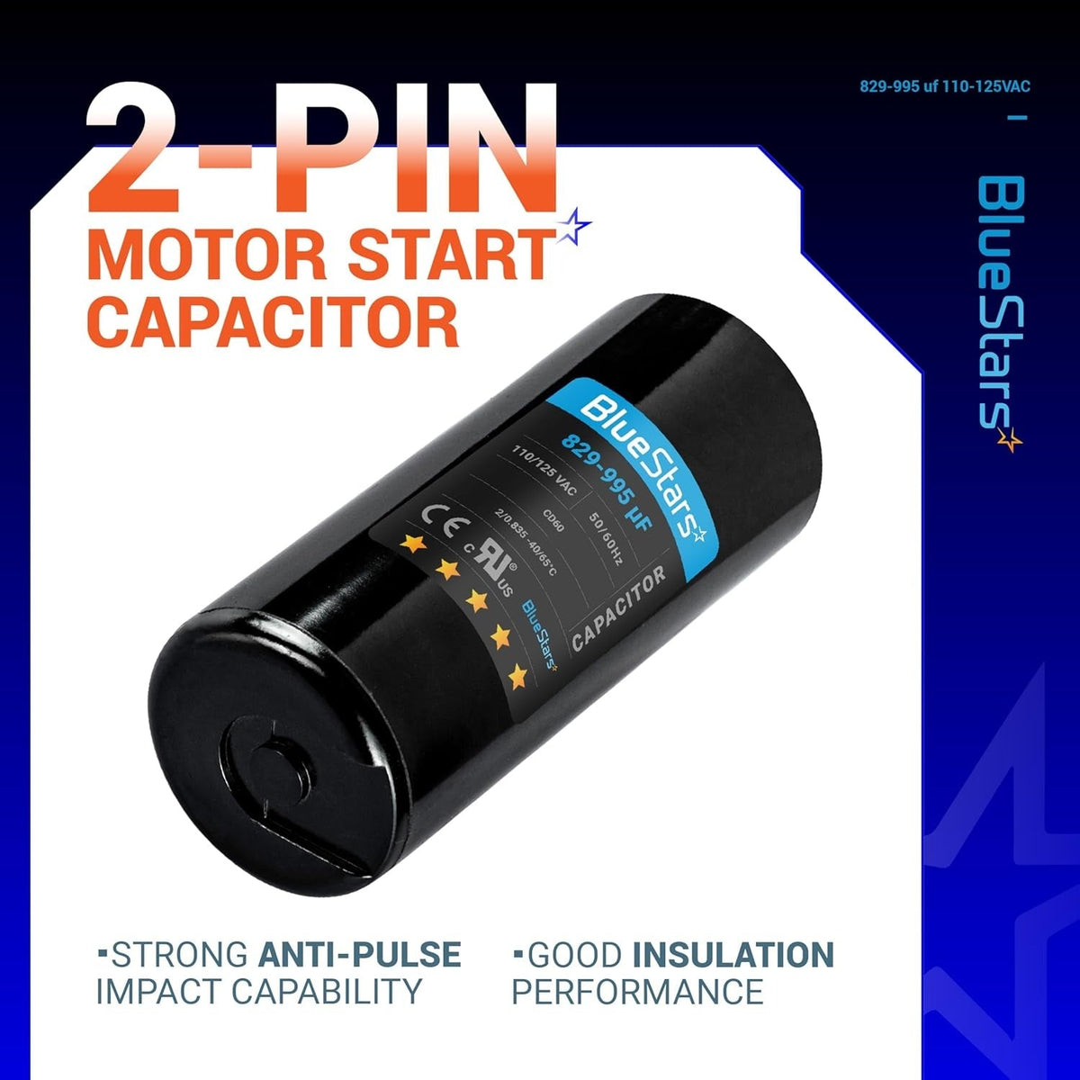 BlueStars 829-995 uF 110-125 VAC round motor start capacitor with 2-pin terminal design.