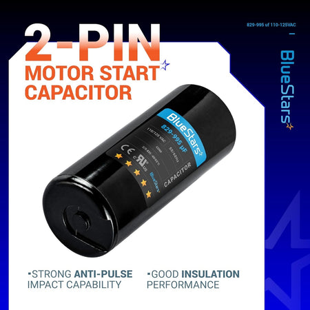 BlueStars 829-995 uF 110-125 VAC round motor start capacitor with 2-pin terminal design.