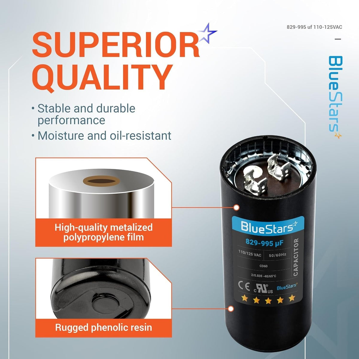 Infographic showing 829-995 uF 110-125 VAC round motor start capacitor features and construction details.