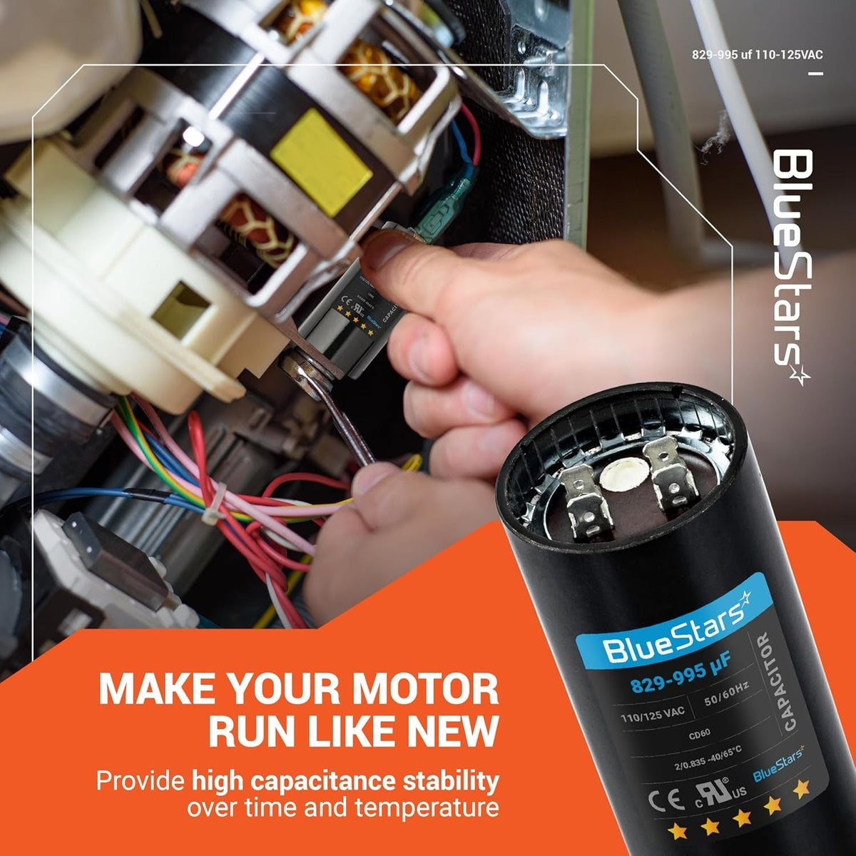 Close-up of 829-995 uF 110-125 VAC round motor start capacitor being installed in an appliance motor.
