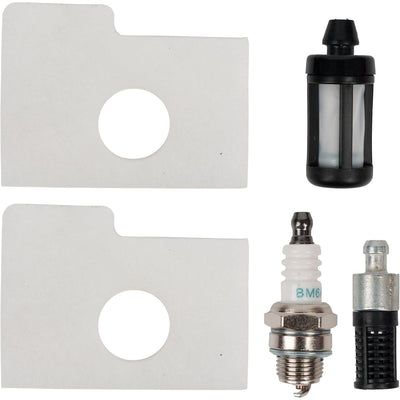 Stihl MS170 MS180 chainsaw tune-up kit including air filters, spark plug, fuel filter, and oil filter components.