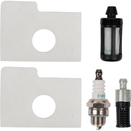 Stihl MS170 MS180 chainsaw tune-up kit including air filters, spark plug, fuel filter, and oil filter components.